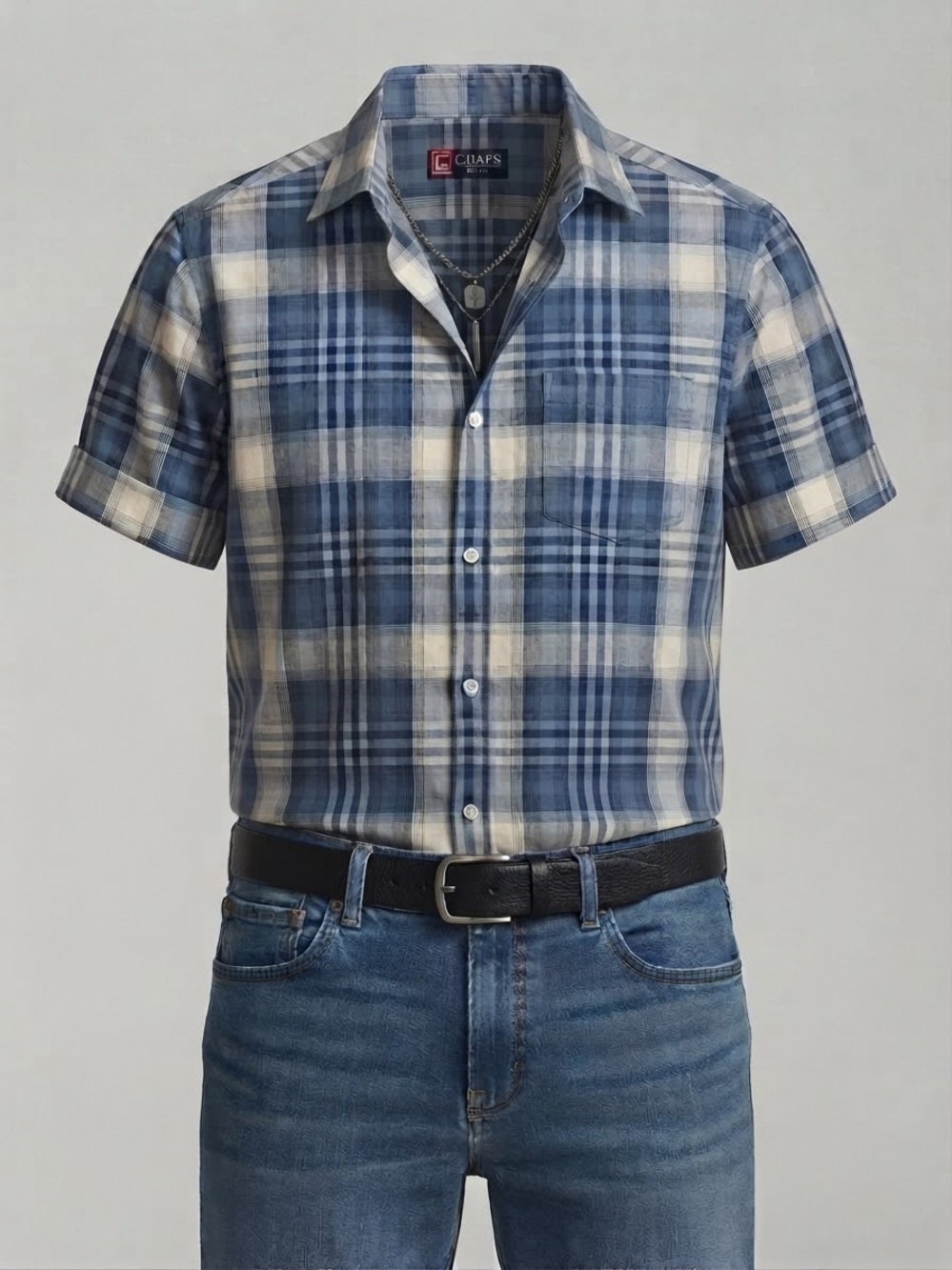 Chaps Blue and Cream Plaid Short-Sleeve Button-Down Shirt